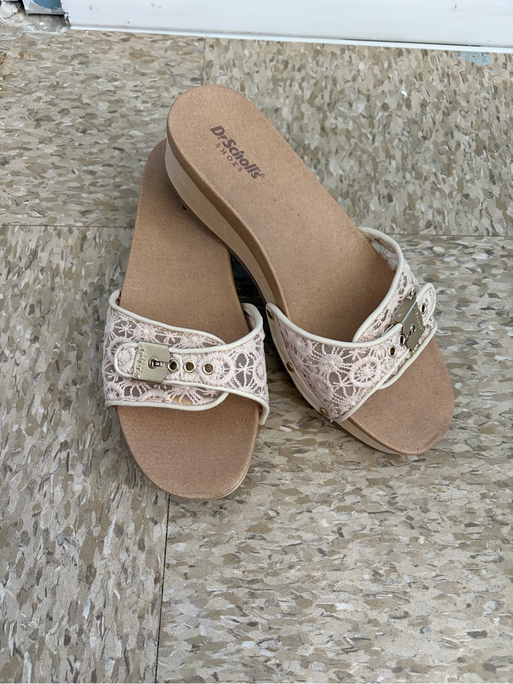 Dr. Scholl's Cream Lace Slide Mules with Decorative Buckle